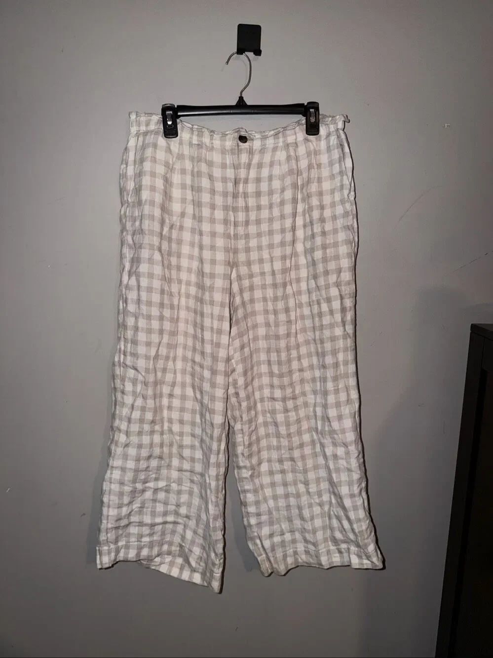 Lou & Grey 100% linen beige gingham wide leg pull pants large Petite